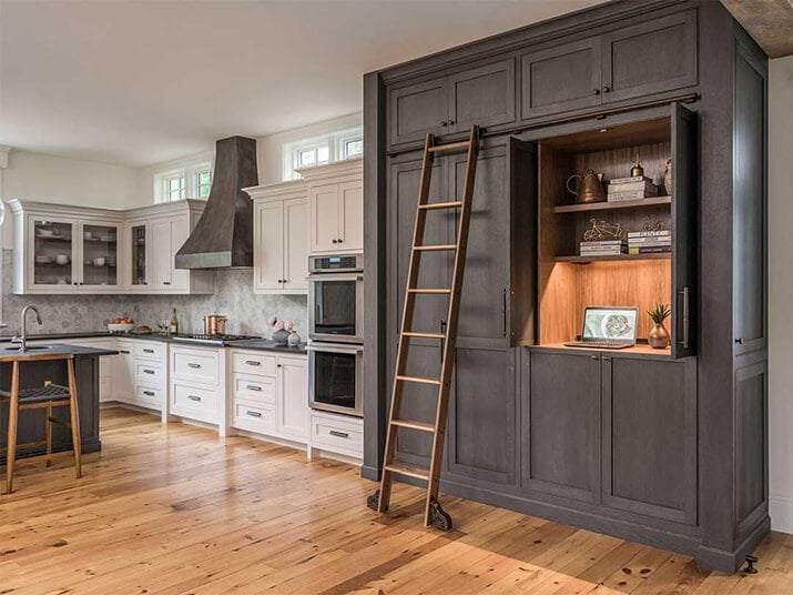 How To Use Floor To Ceiling Kitchen Cabinets To Their Full Potential   Rolling Ladder Helps Reach Floor To Ceiling Cabinet 