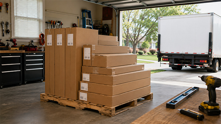 Stack of flat-pack RTA kitchen cabinet boxes on a pallet in a garage ready for assembly.