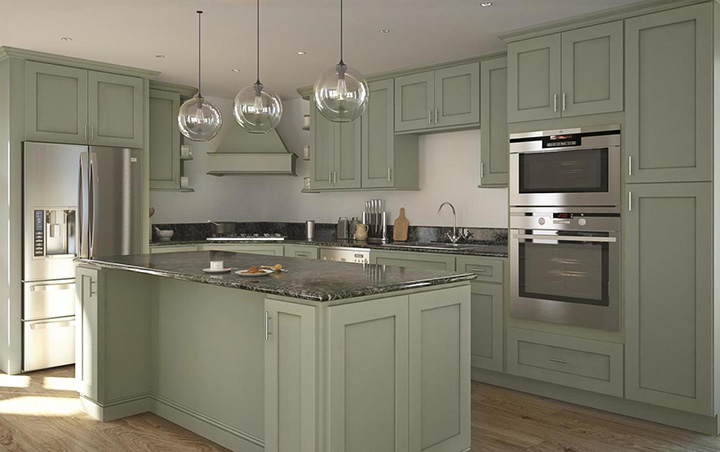 Sage green kitchen cabinets, granite island top, large bulb pendant lighting
