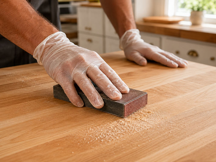 Sanding a butcher block countertop with 220-grit sandpaper in the direction of the wood grain.