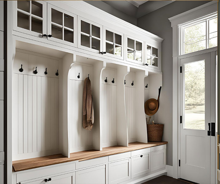 White shaker style mudroom cabinets with benches.