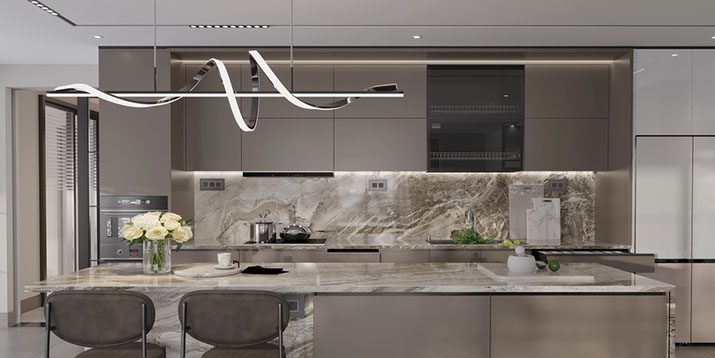 A futuristic kitchen with metallic lighting.