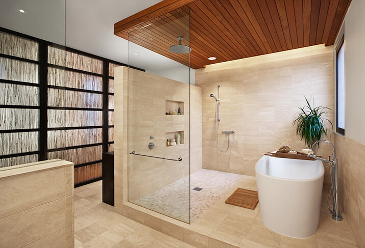 Spa-like shower-tub combination with no door.