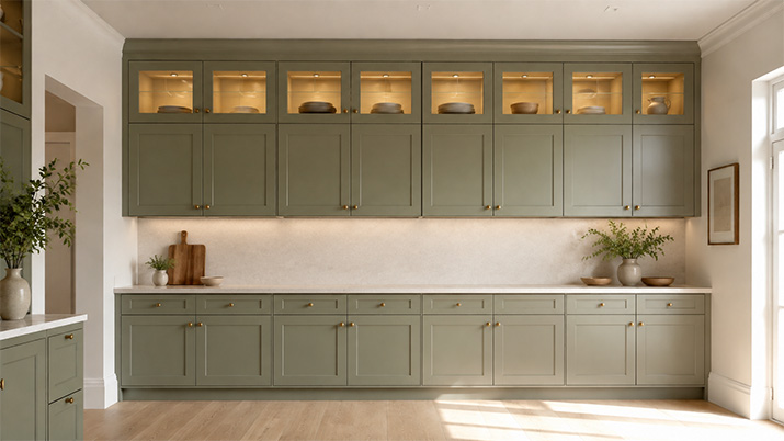 Stacked upper cabinets with glass fronts on a nine-foot kitchen ceiling.