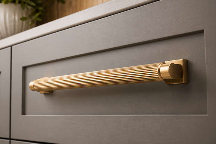 Textured brass cabinet hardware on a gray kitchen cabinet drawer.