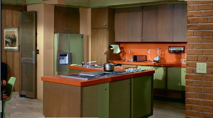 The Brady Bunch TV show kitchen from behind the island.