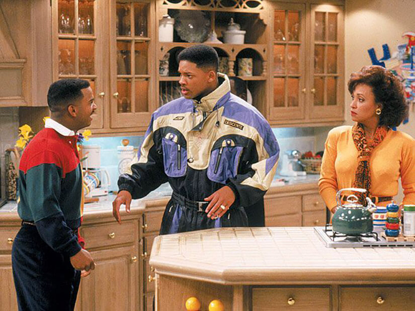 This TV show kitchen from The Fresh Prince of Bel Air has lots of open cabinets and light-colored finishes.