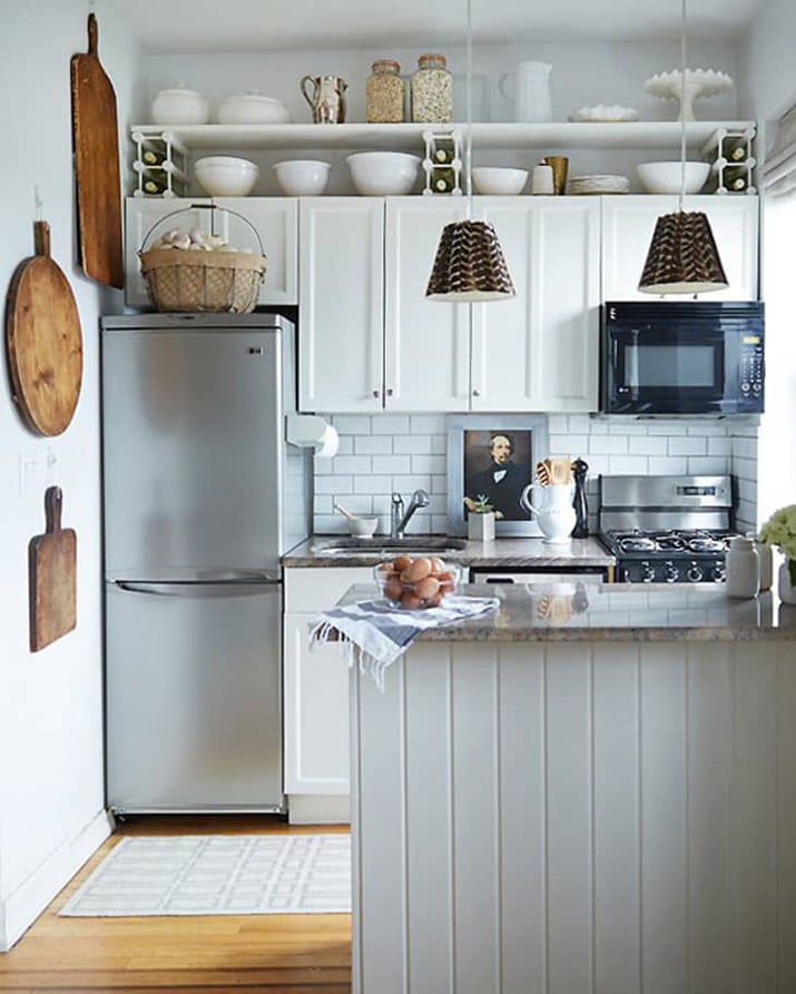 Tiny kitchen with functional yet visually appealing storage.