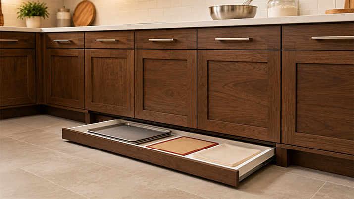 Toe-kick drawer open beneath warm walnut kitchen cabinets showing flat baking supplies organized inside.