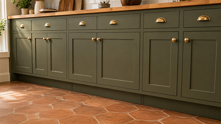 Kitchen base cabinets with a closed toe-kick drawer that blends seamlessly into the cabinet plinth, showing no visible handle.