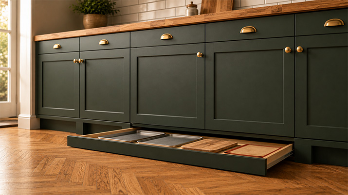 Open toe-kick drawer beneath dark green kitchen cabinets showing baking sheets and cutting boards stored flat inside.