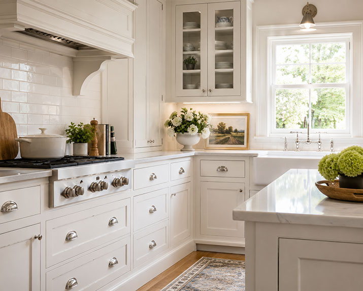 Traditional kitchen cabinet hardware with polished nickel cup pulls on white cabinets.