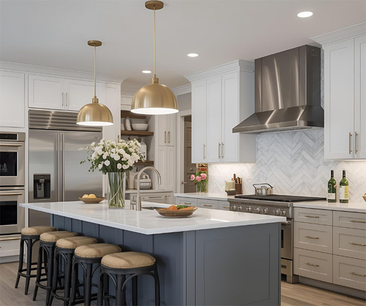 A stylish slate gray island with plain white cabinets.