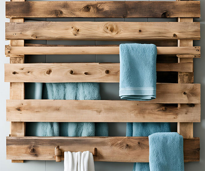 Blue towels hanging on pallet towel rack.