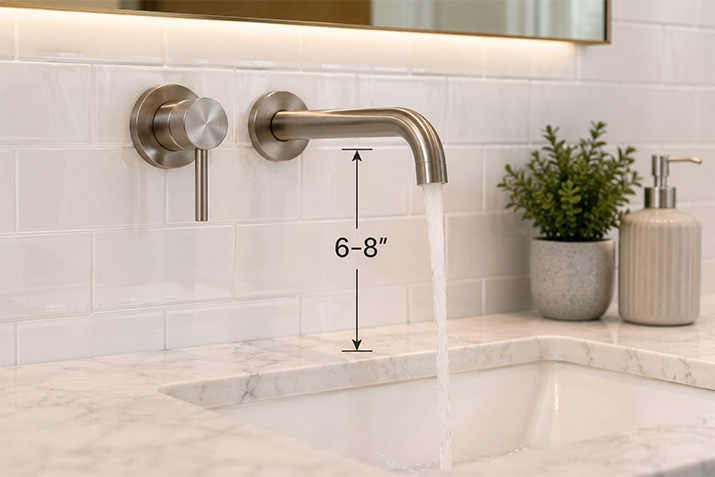 Wall-mounted faucet installed at the correct height above a bathroom sink showing the proper 6 to 8 inch clearance.