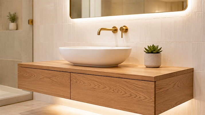 Wall-mounted faucet with brushed brass finish above a white vessel sink and floating bathroom vanity.