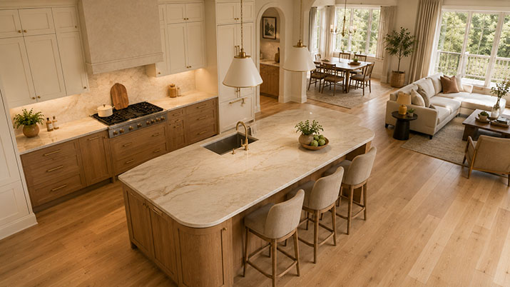 Open-concept warm kitchen layout with zoned cooking, prep, and seating areas showing 2026 kitchen layout trends.