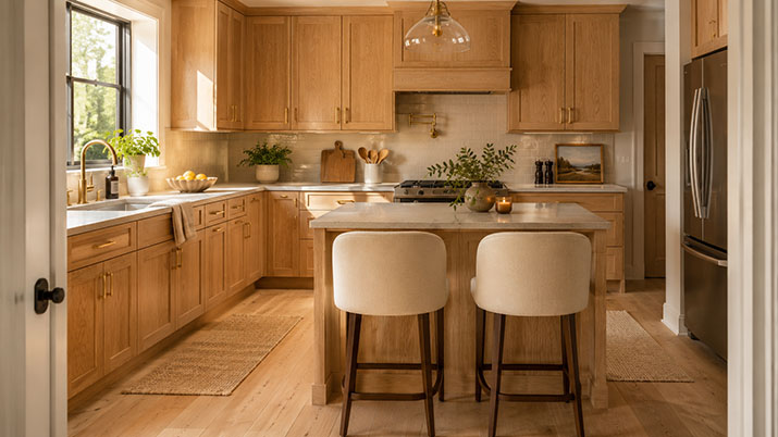 Warm kitchen with natural white oak cabinets, quartz countertops, and brushed brass hardware showing 2026 warm kitchen trends.