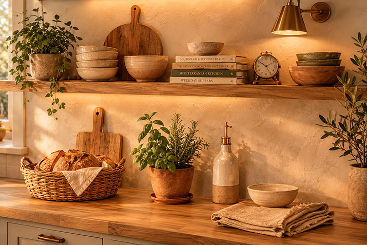 Warm kitchen styling with organic textures, ceramic bowls, linen accents, and fresh herbs on a natural wood countertop.