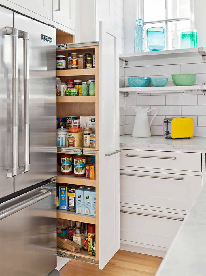 Pantry cabinet deals next to refrigerator