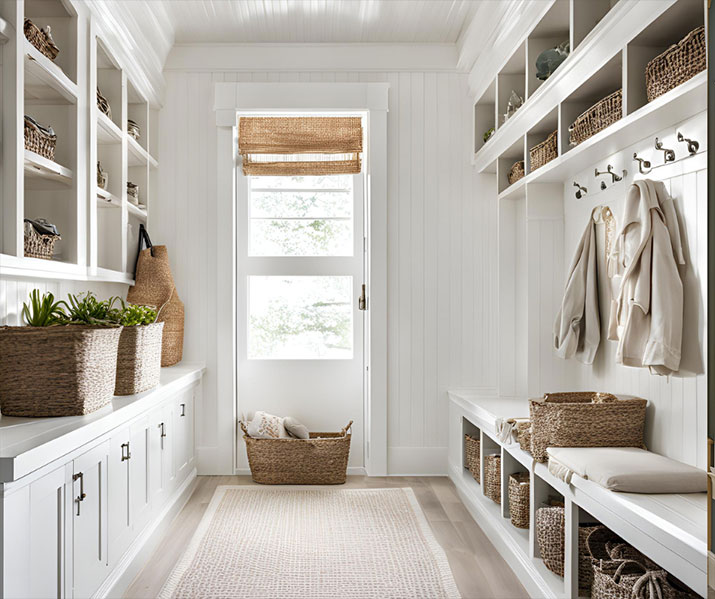 White mudroom with lots of light.