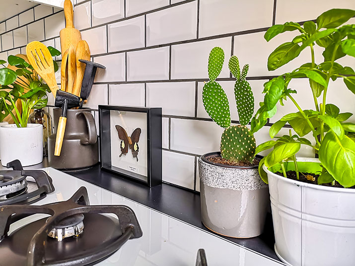 White subway tile backsplash.