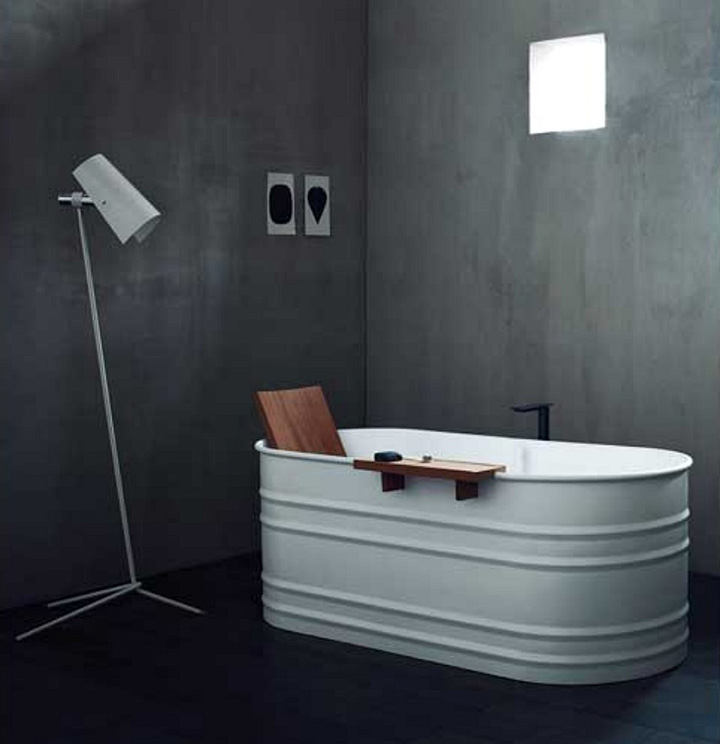 White trough tub, concrete walls