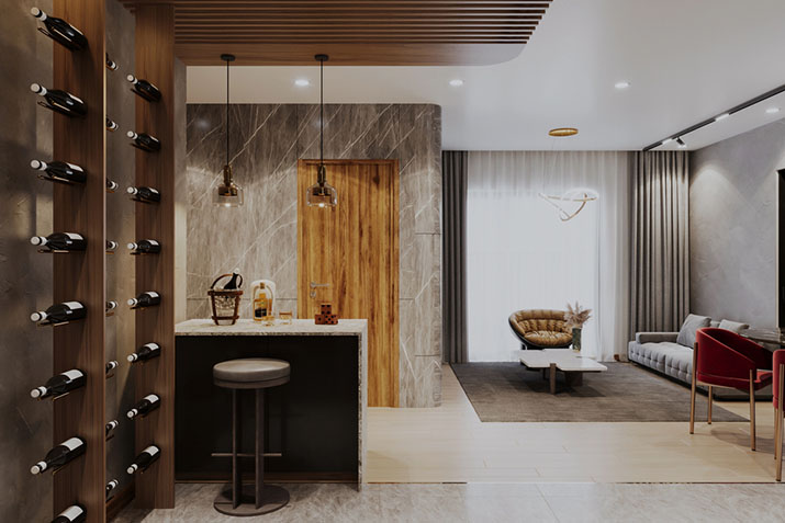 Built-in wine wall with floor-to-ceiling bottle storage in a dining room.