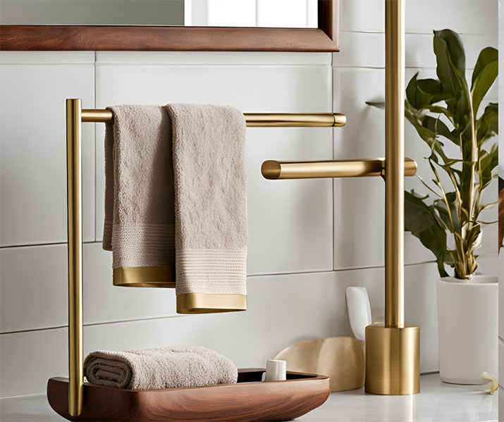 An elegant wood and brass towel holder in bathroom.