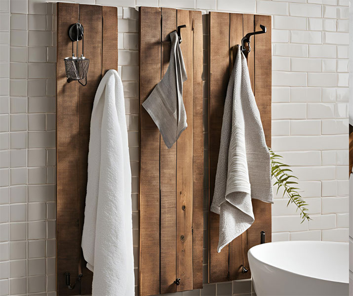 Rustic wooden boards with black hooks for hanging towels.