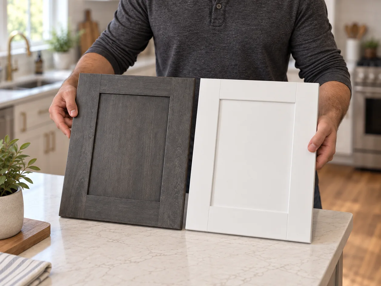 Andrew Saladino holding Graystone Shaker and Ice White Shaker cabinet door samples on a kitchen island