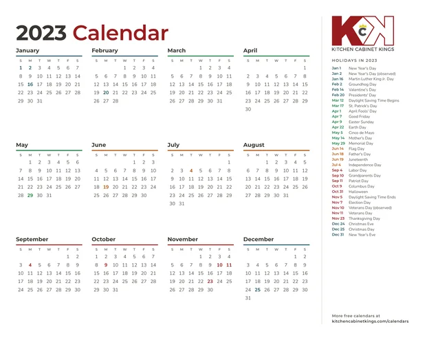 2023 year at a glance calendar showing all 12 months and a list of holidays