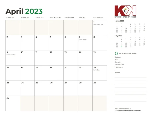 April 2023 monthly calendar page with US holidays marked