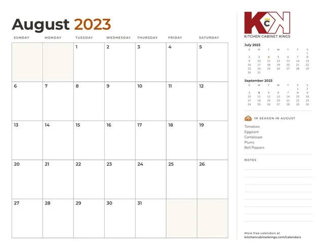 August 2023 monthly calendar page with US holidays marked