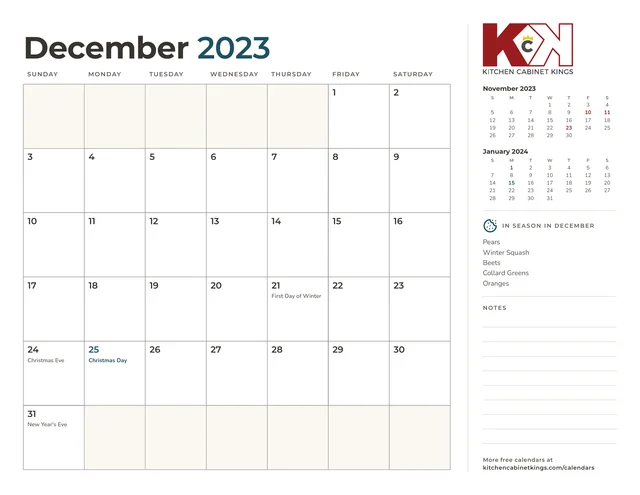 December 2023 monthly calendar page with US holidays marked