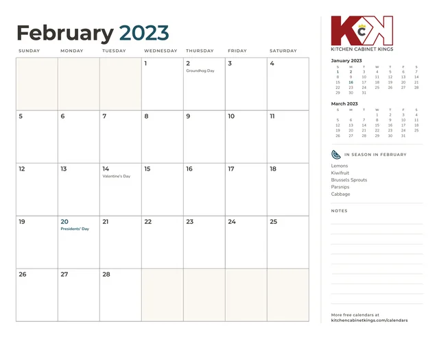 February 2023 monthly calendar page with US holidays marked