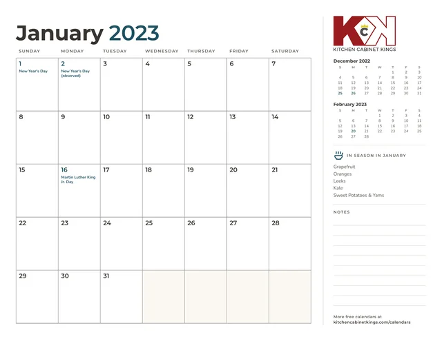 First monthly page of the 2023 calendar set, with a notes column and mini calendars