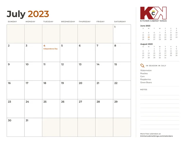 July 2023 monthly calendar page with US holidays marked