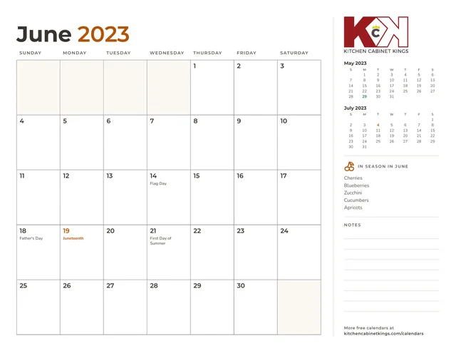 June 2023 monthly calendar page with US holidays marked