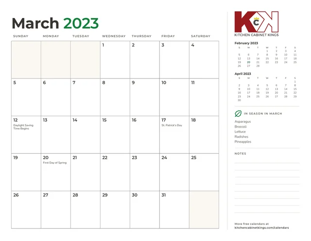 March 2023 monthly calendar page with US holidays marked