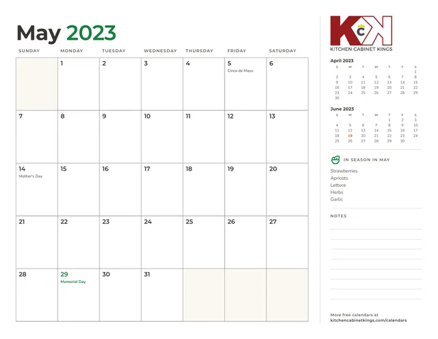 May 2023 monthly calendar page with US holidays marked
