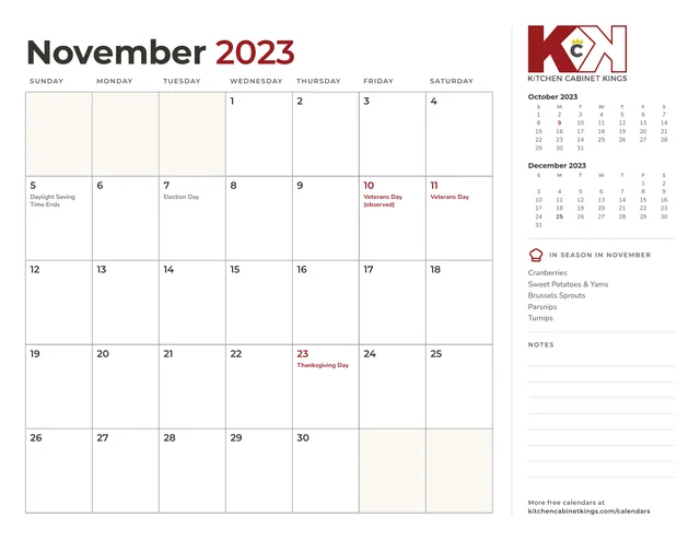 November 2023 monthly calendar page with US holidays marked