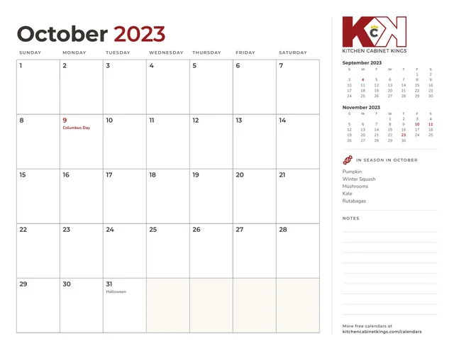 October 2023 monthly calendar page with US holidays marked