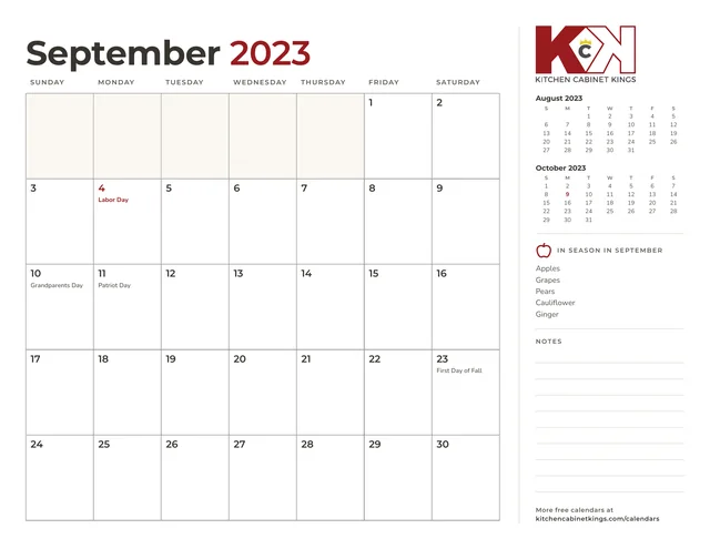September 2023 monthly calendar page with US holidays marked