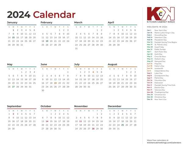 2024 year at a glance calendar showing all 12 months and a list of holidays