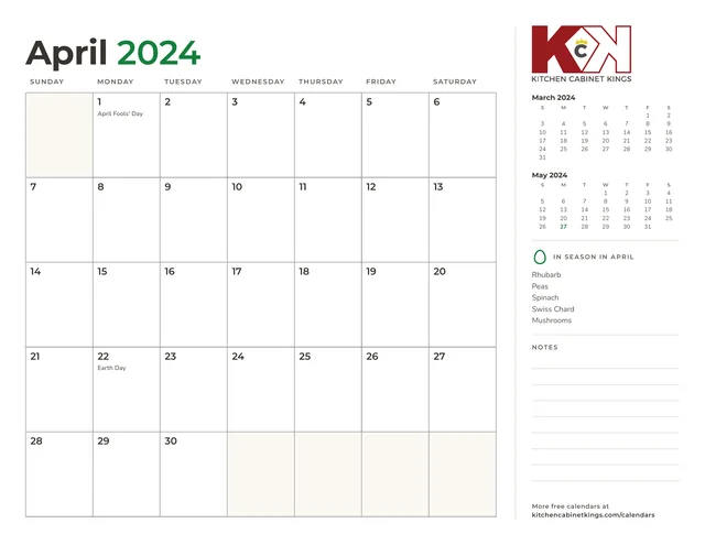 April 2024 monthly calendar page with US holidays marked