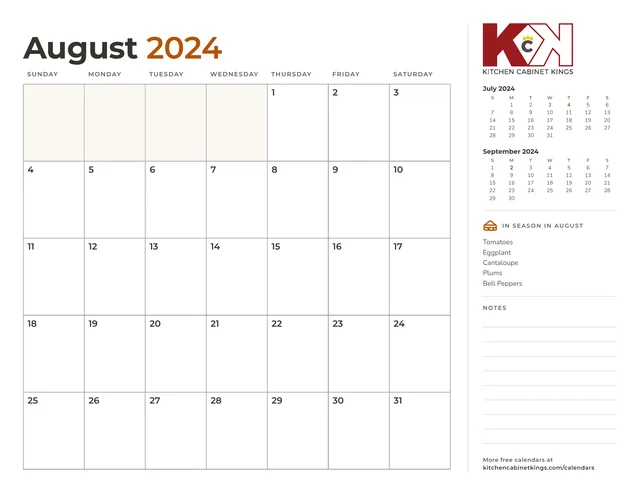 August 2024 monthly calendar page with US holidays marked