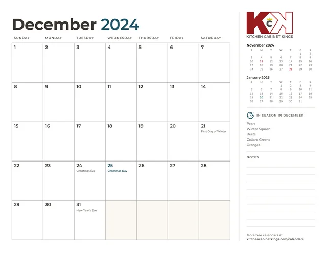 December 2024 monthly calendar page with US holidays marked