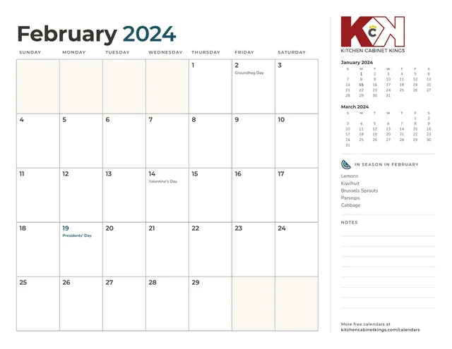 February 2024 monthly calendar page with US holidays marked