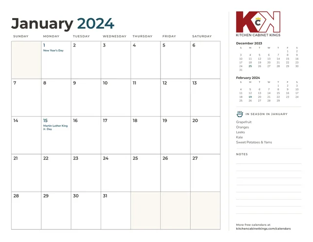 First monthly page of the 2024 calendar set, with a notes column and mini calendars